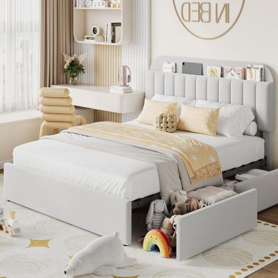 Boucle Storage Bed with Built-In Bookcase, 2 Drawers, Sturdy Frame, No Box Spring Required