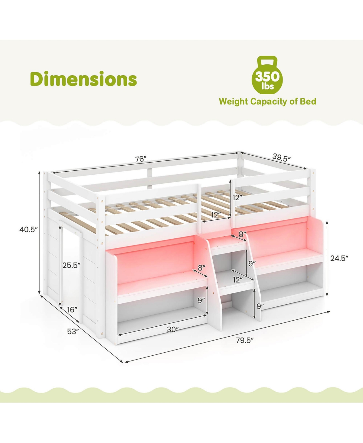 Gymax Twin Loft Bed w/ Led Lights Staircase & Safety Guardrail Under-bed Storage