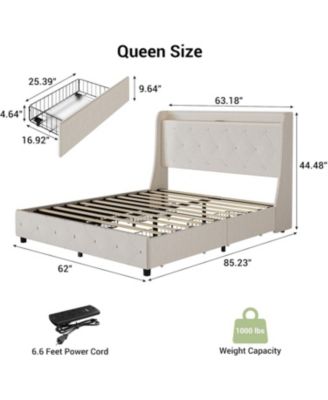 Upholstered Bed Frame with 4 Storage Drawers, Headboard and Storage, Platform Bed Frame with Charging Station & Wingback, No Box Spring Needed - Queen