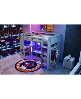 Gray Wood Twin Size Gaming Loft Bed w Built In Desk Storage Cabinets Hanging Clothes Rack LED Lighting Kids Teens Bedroom Furniture