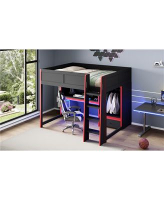 Wood Gaming Loft Bed with BuiltIn Desk Wardrobe and Storage Drawer LED Lighting Space Saving Furniture for Teens and Adults Bedrooms