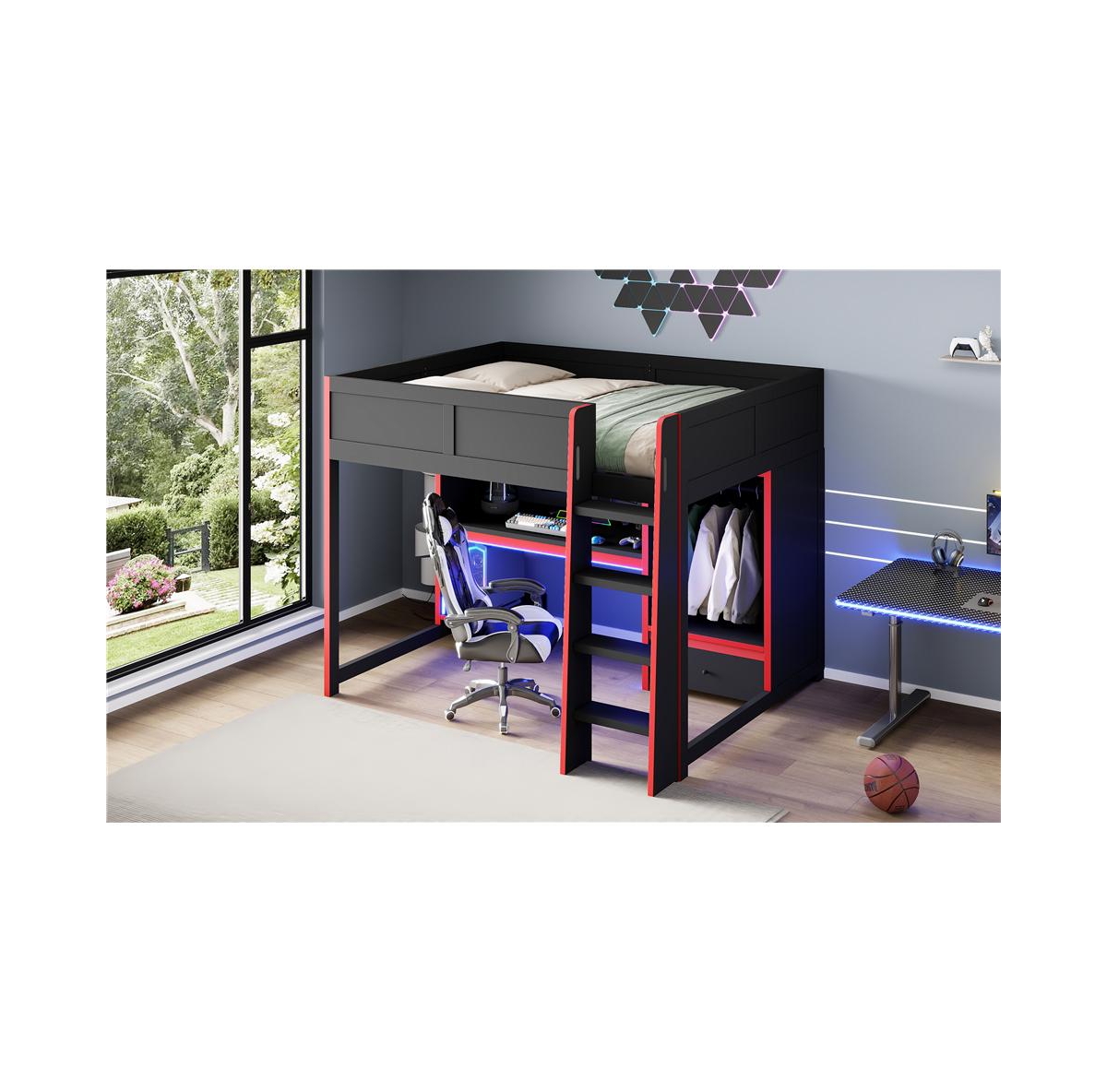 Flynama Wood Gaming Loft Bed with BuiltIn Desk Wardrobe and Storage Drawer Led Lighting Space Saving Furniture for Teens and Adults Bedrooms