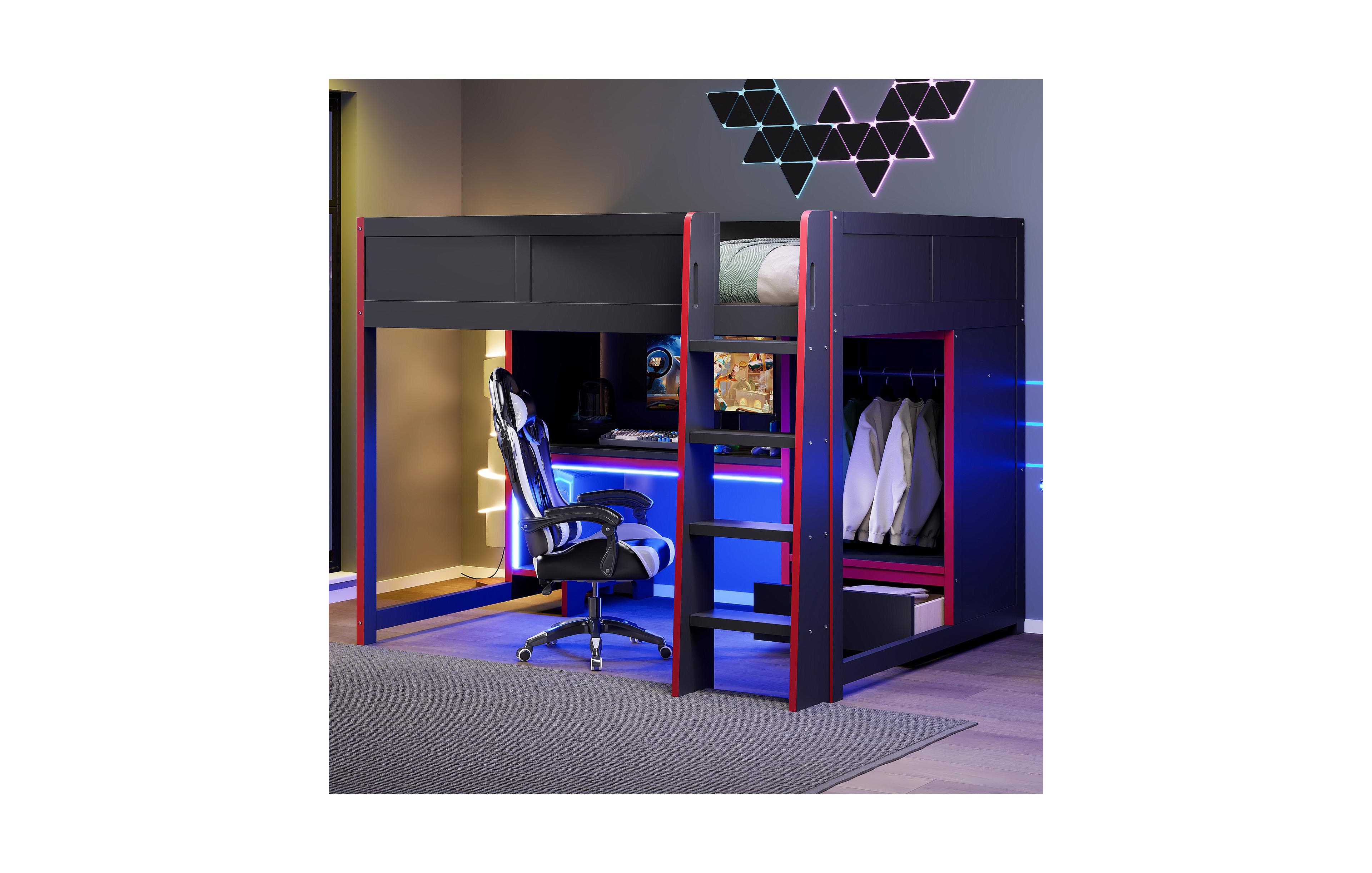 Flynama Wood Gaming Loft Bed with BuiltIn Desk Wardrobe and Storage Drawer Led Lighting Space Saving Furniture for Teens and Adults Bedrooms