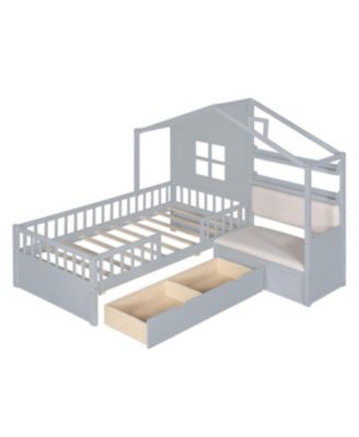 Twin Size Pinewood House Bed with Linen Sofa, Drawers and Storage Shelf