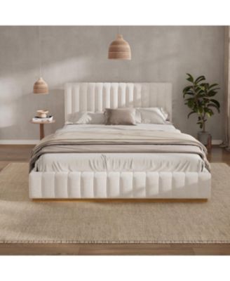 Streamdale King Size Linen Upholstered Bed Frame with Solid Wood Base, Beige