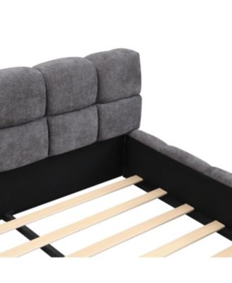 Elegant Beige Chenille Upholstered Bed with Checkerboard Design, King, Grey