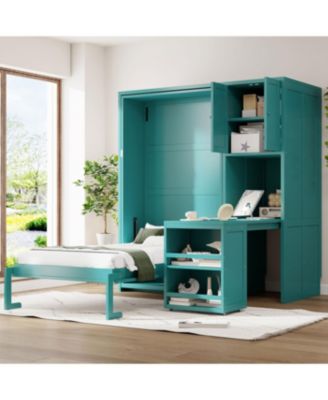 Twin Size Rotating Wall Murphy Bed with Bookshelf & Desk, Teal