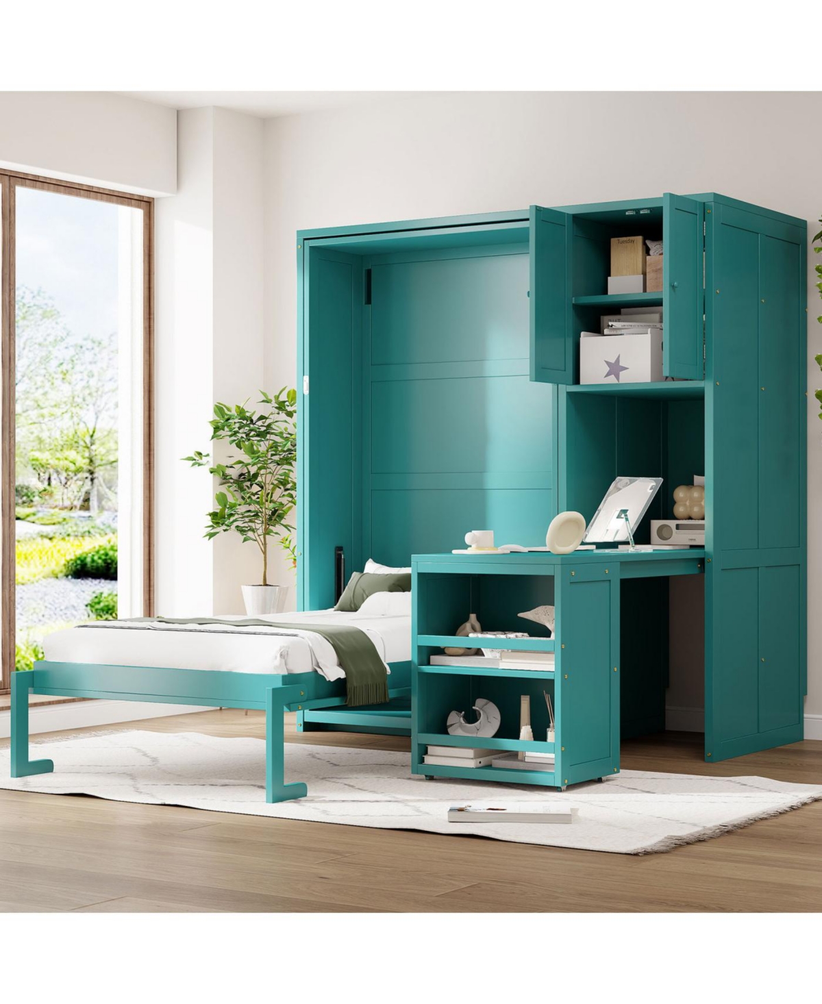 Streamdale Furniture Twin Rotating Wall Murphy Bed with Bookshelf & Desk, Teal