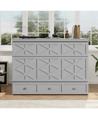 Queen Size Murphy Bed with Large Drawers and USB, Brushed Gray