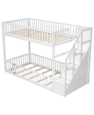 Twin over Twin Floor Bunk Bed, Ladder with Storage