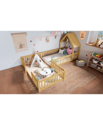 Twin Size House Floor Bed with Door and Guardrails, Natural