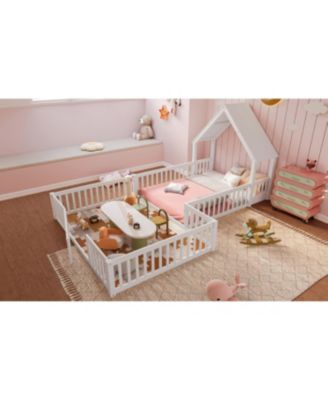  Full Size House Floor Bed with Door & Guardrails