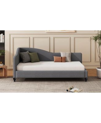 Twin Size L-Shaped Linen Daybed, with Solid Wood Legs, Gray