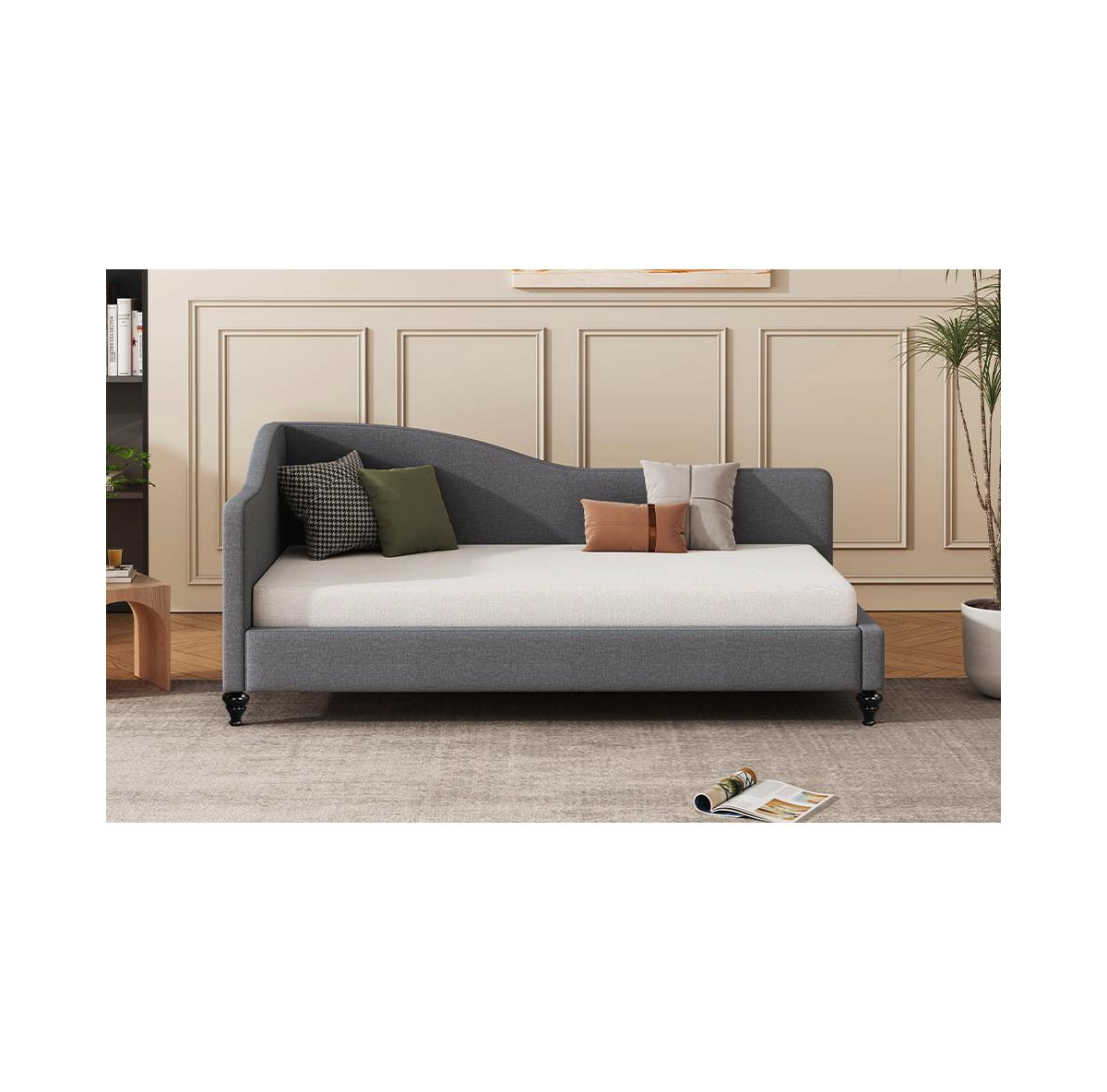 Streamdale Furniture Twin Size L-Shaped Linen Daybed, with Solid Wood Legs, Gray