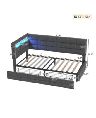 Upholstered Twin Daybed with 2 Drawers, LED Lights & Charging, Gray