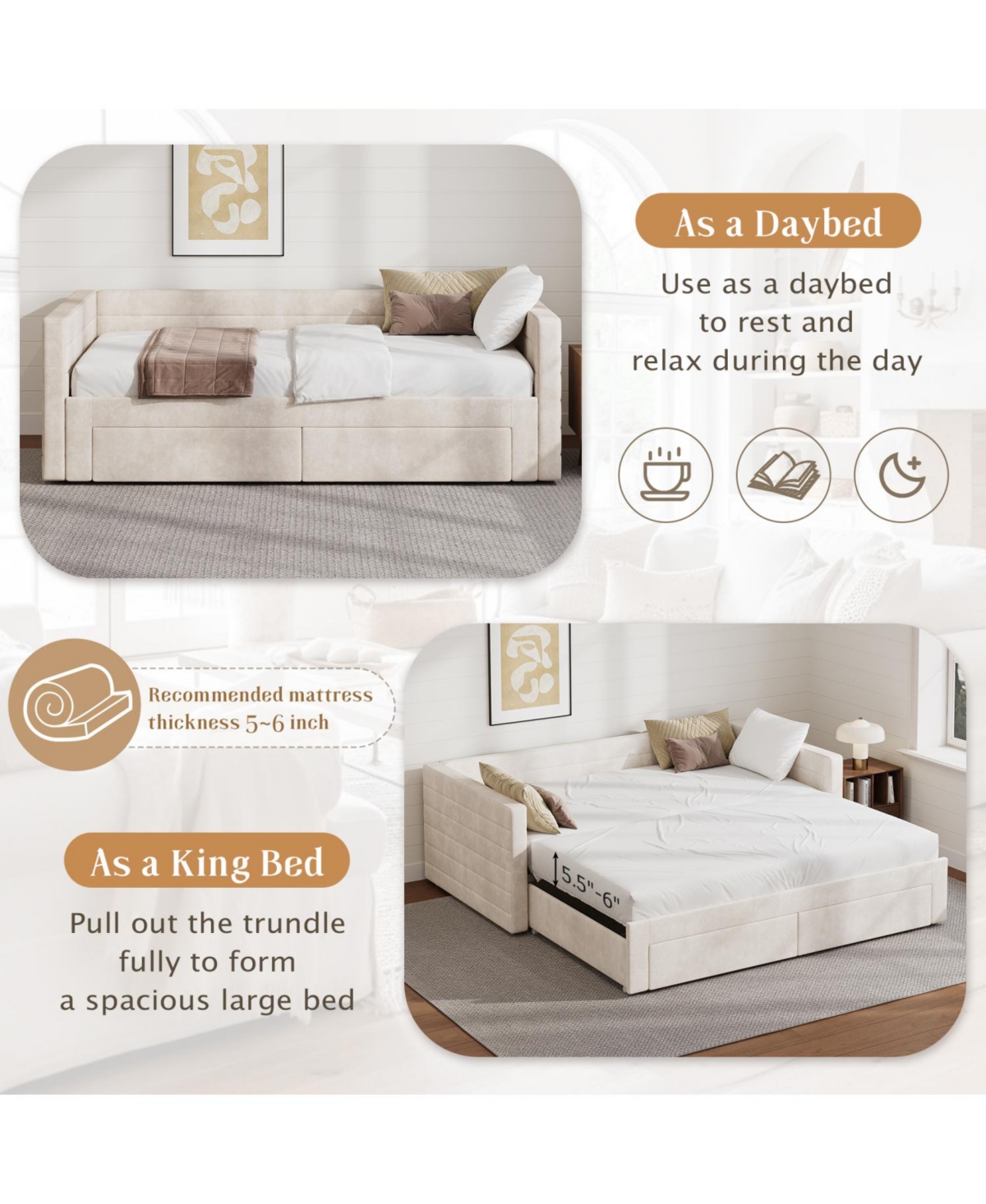 Streamdale Furniture Twin Upholstered Daybed with Trundle, Extendable to King