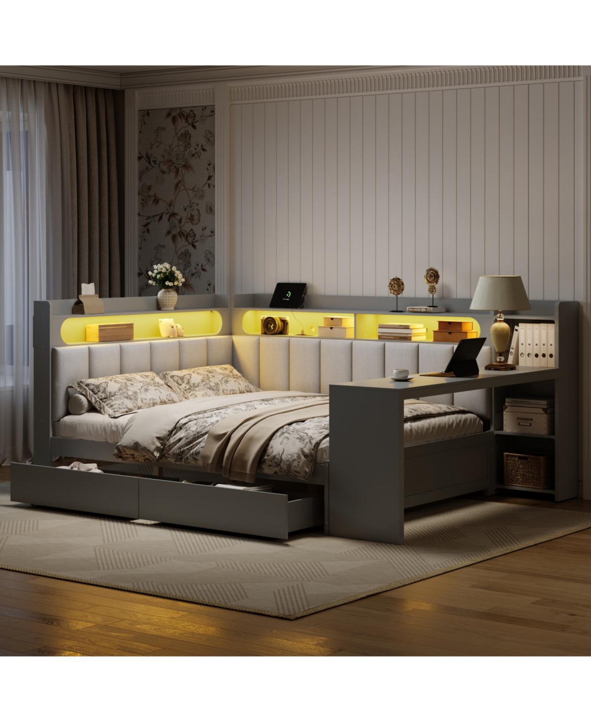 Streamdale Furniture Gray Daybed: Storage, Charging, Led, Desk, Upholstered