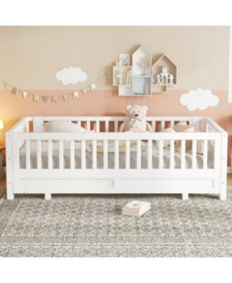 Streamdale Twin Size Platform Bed with Guardrails, Solid Wood, Convertible to Double Twin, White