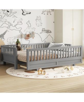 Twin XL Solid Wood Platform Bed with Guardrails, Converts to Queen