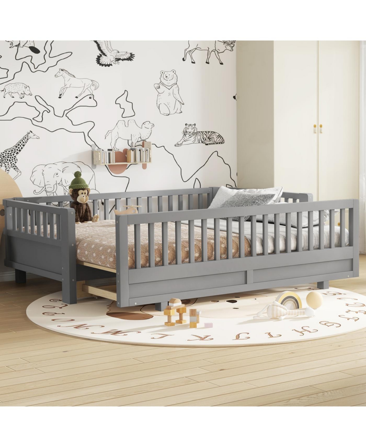 Streamdale Furniture Twin Xl Solid Wood Platform Bed with Guardrails, Converts to Queen