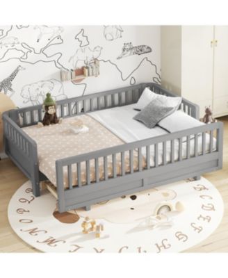 Twin XL Solid Wood Platform Bed with Guardrails, Converts to Queen