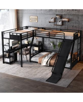 L-Shaped Metal Bunk Bed with Twin Loft, Desk, Storage, and Slide (Black)