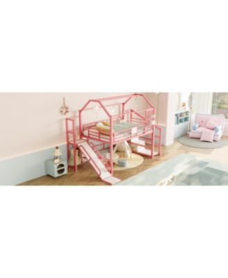  Full House Loft Bed with Slide, Stairs, Storage, Pink