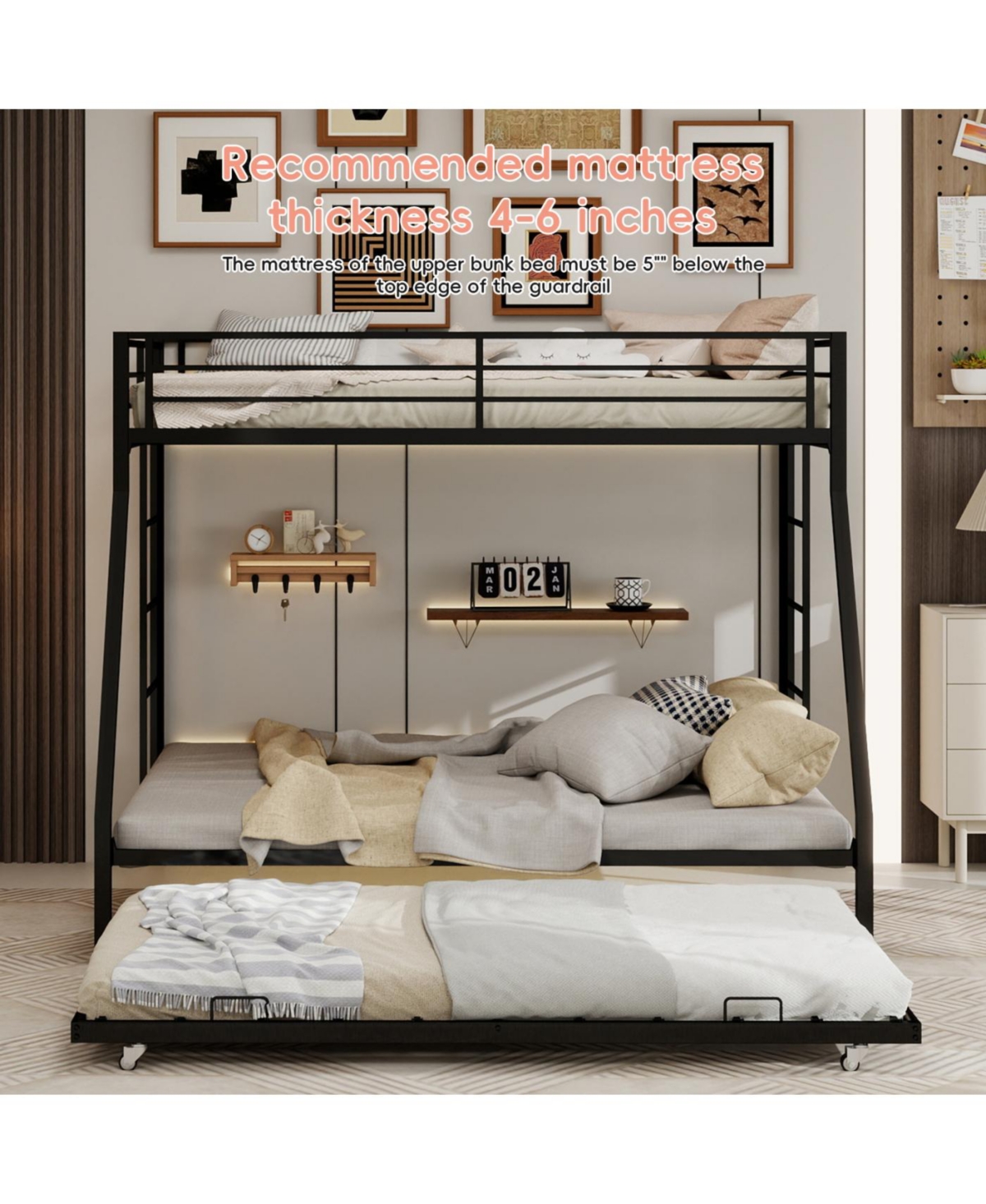 Streamdale High-Stability Square Tube Bunk Bed with Ladder & Trundle - Black