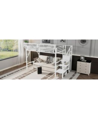 Twin XL Loft Bed with Stairs, Storage Shelves & Wardrobe - White