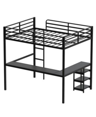 Full Size Loft Bed with Desk & Shelves, Heavy Duty Metal Frame, Black