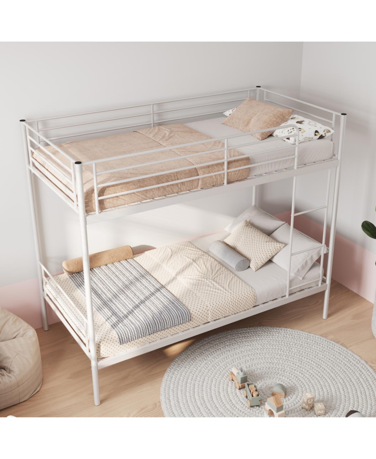 Streamdale Furniture Streamdale White Twin Over Twin Metal Bunk Bed with Ladder, Storage, Noise-Free