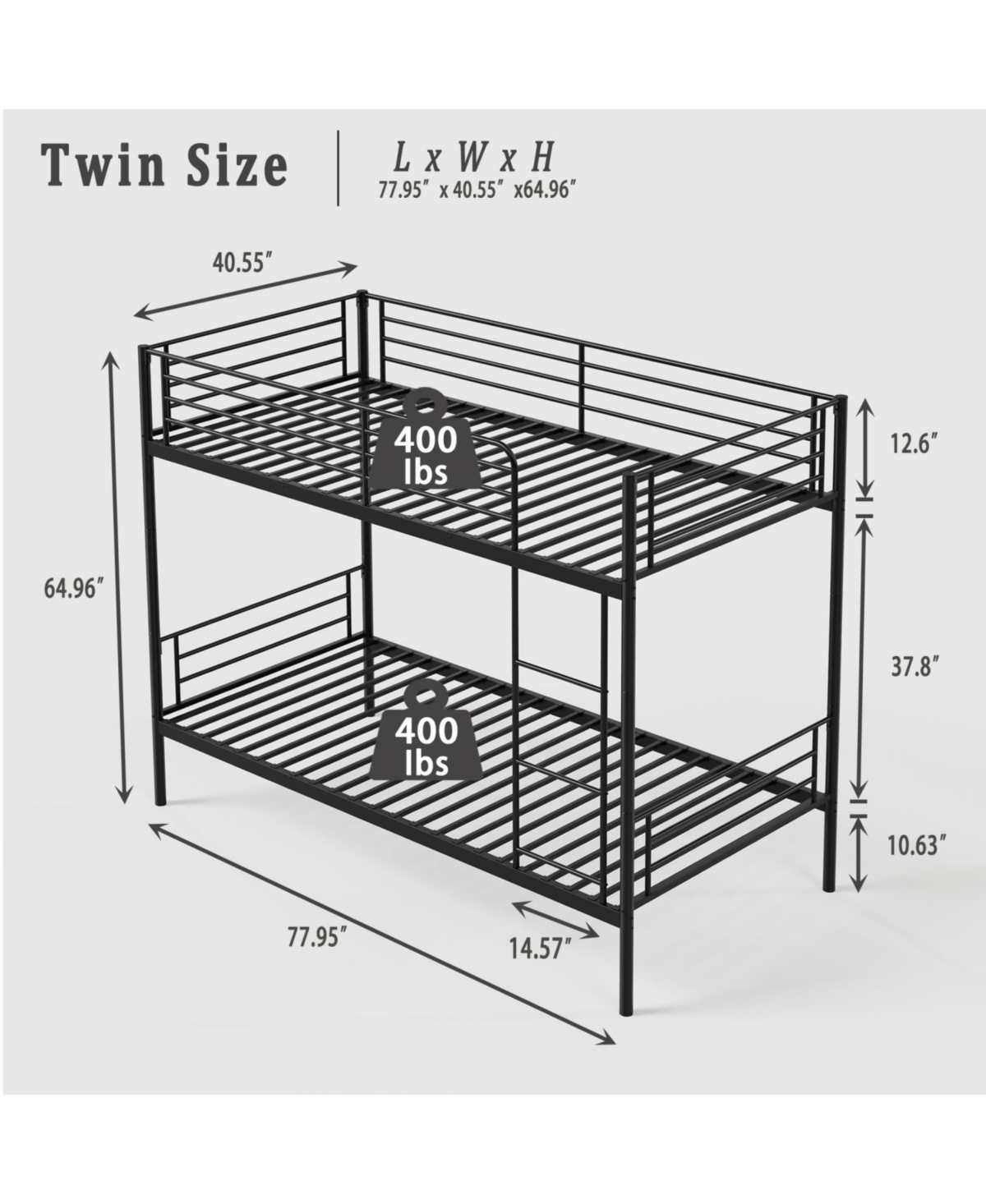 Streamdale Furniture Streamdale Metal Bunk Bed with Ladder, Guardrail, Splitable, Storage, Noise-Free, Twin Black