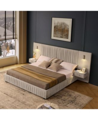 Streamdale King Size Chenille Upholstered Bed Frame with Pleated Design - Beige