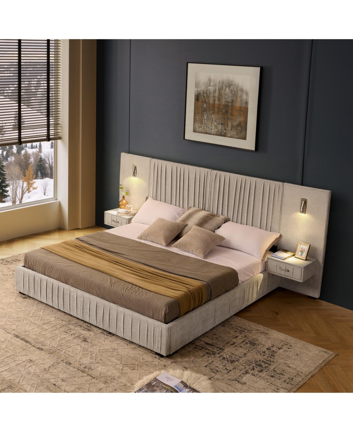 Streamdale King Size Chenille Upholstered Bed Frame with Pleated Design - Beige