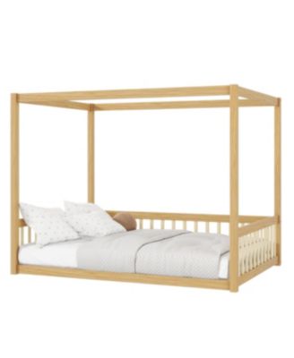 Full Size Canopy Frame Rubber Wood Floor Bed with Fence, Guardrails