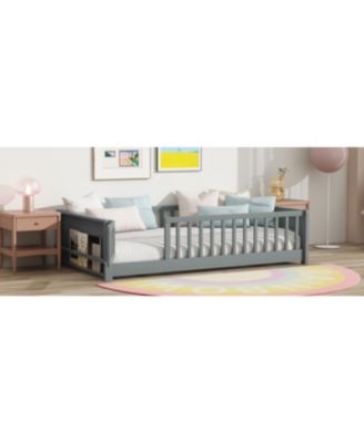 Twin Size Floor Bed with Built-in Book Rack and Door, Grey