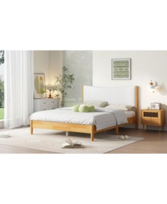 Queen Size Solid Rubber Wood Bed with Boucle Headboard, Beech White