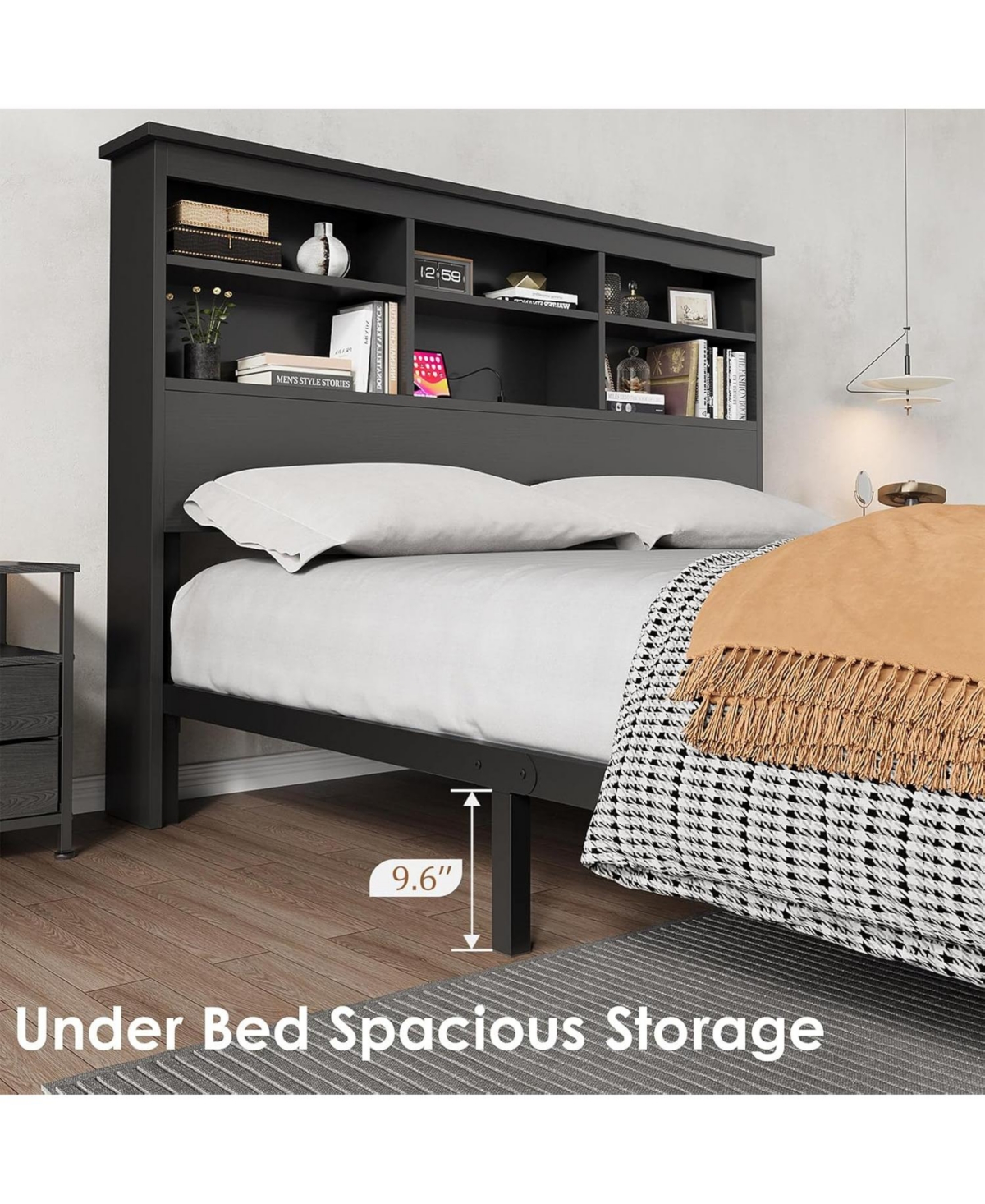 gaomon Full Size Bed Frame with Bookcase Headboard, 2-Tier Storage Platform Bed with Usb Charging Station