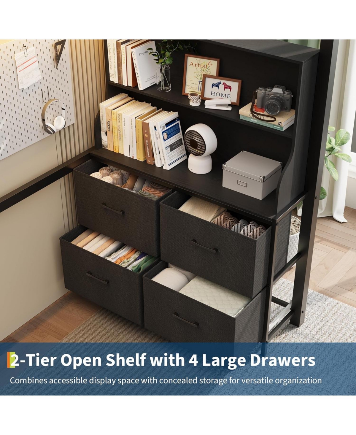 gaomon Twin Loft Bed with Desk, 4 Fabric Drawers & 2 Shelves, Metal Led Lights, Usb Charging Station, Safety Guardrail Ladder