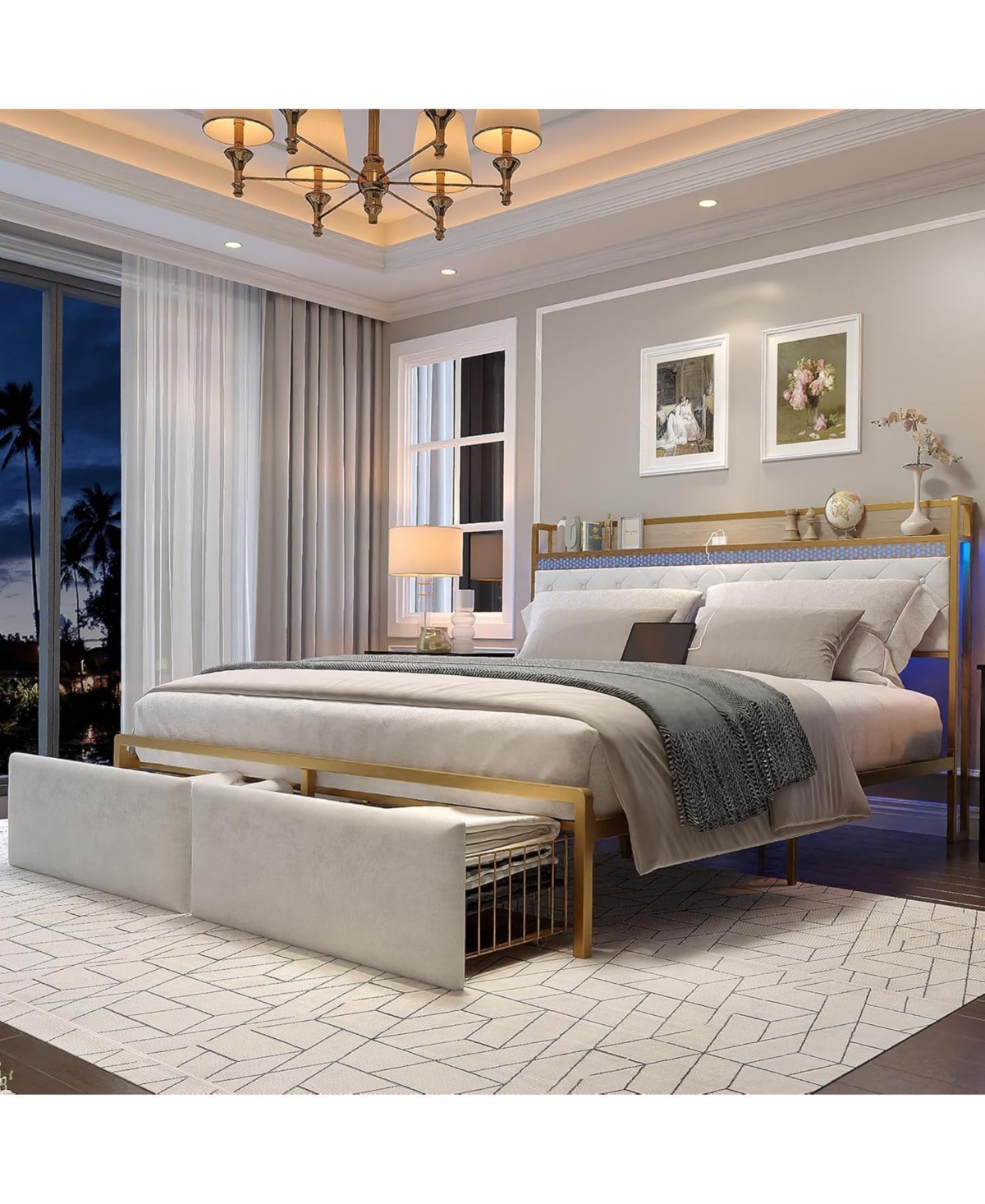 gaomon Velvet Upholstered Platform Bed Frame with Curved Button-Tufted Headboard, Golden Base and Sturdy Wood Slat Support