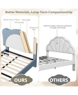 Adjustable Scallop Headboard Velvet Upholstered Platform Bed Frame for Kids with Solid Wood Slats Support