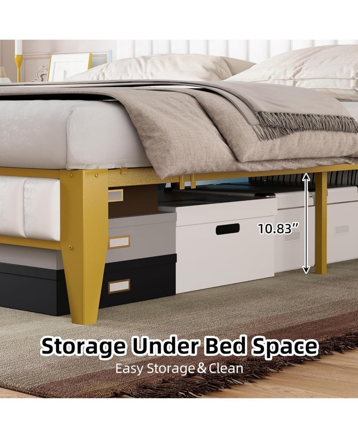 gaomon Upholstered Bed Frame with Led Light and Charging Station, Platform Bed with Headboard and Storage, Noise Free, Easy Assembly