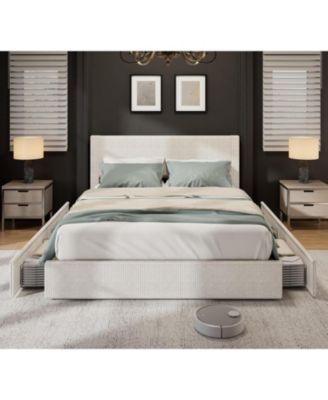 Bed Frame with 4 Storage Drawers, Platform Bed Frame with Upholstered Channel Tufted Wingback Headboard, Strong Wooden Slats Support