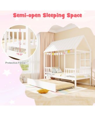 Twin Size House Bed w/ Trundle Roof Window & Safety Guardrails Slats Support