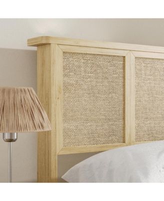 Queen Size Bed Frame with Natural Rattan Headboard, Sturdy Wooden Slats, Boho Cane, No Box Spring Needed
