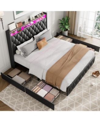 King Size Leather Bed Frame with 51" Tall Headboard, 4 Storage Drawers, USB, LED Lights, Grey