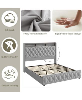 King Size Velvet Bed Frame with 51" Tall Headboard, 4 Storage Drawers, USB, LED Lights