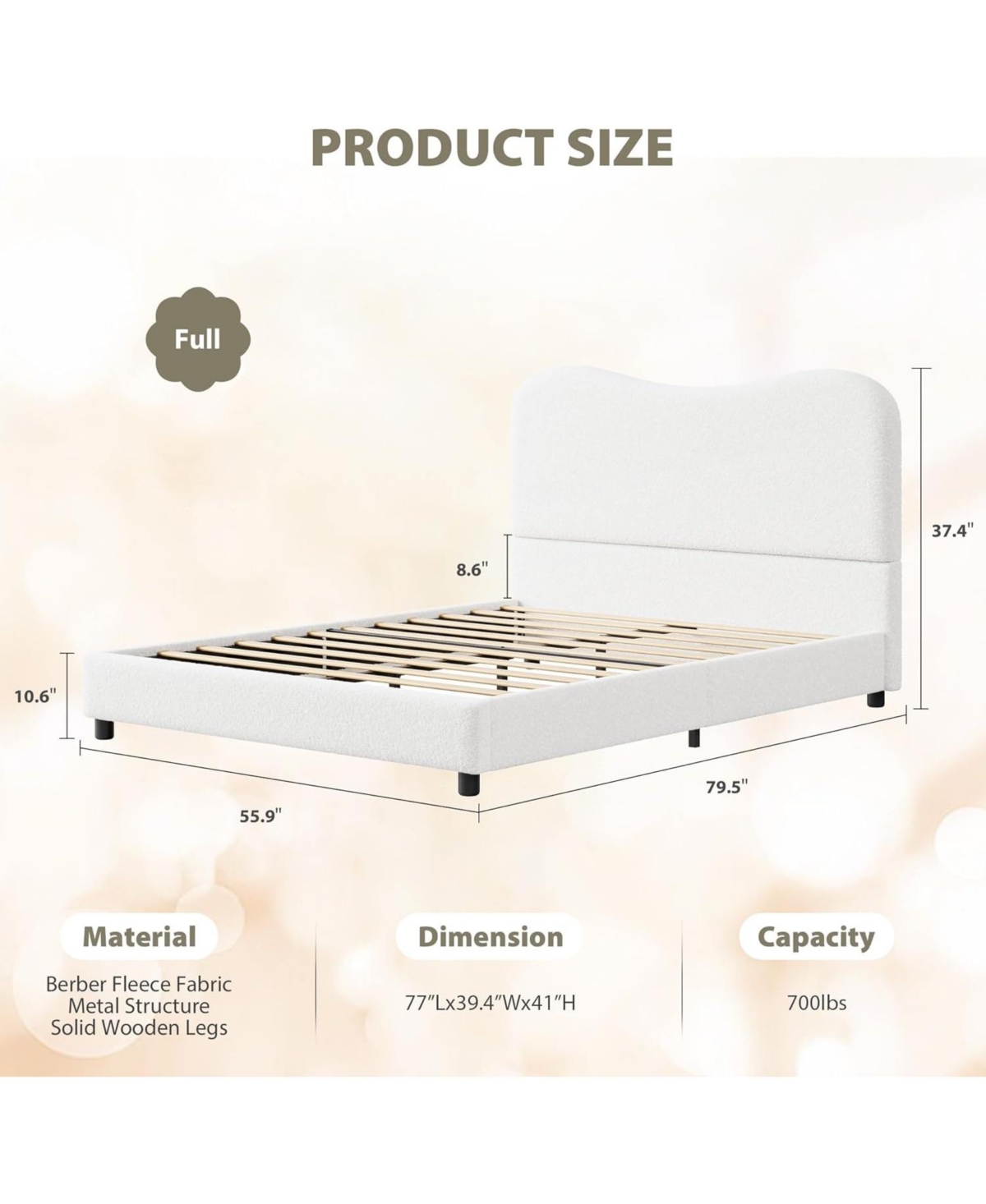 gaomon Full Size White Boucle Bed Frame with Upholstered Headboard, Low Profile, Heavy Duty Wooden Slats, No Box Spring Needed