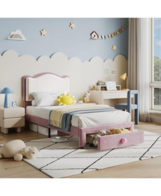 Twin Size Upholstered Bed Frame with 2 Drawers, Double Wavy Headboard, Princess Platform