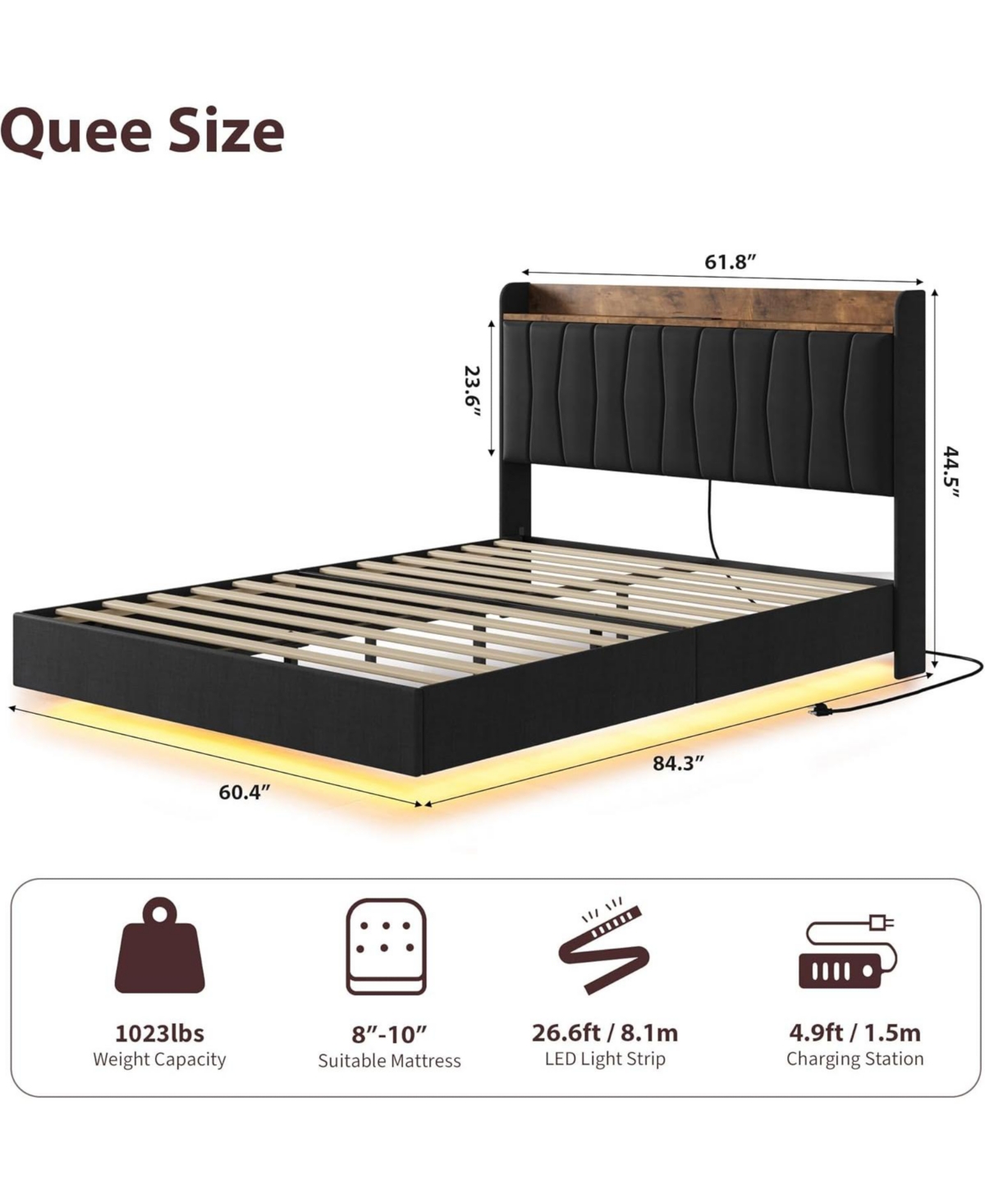 gaomon Queen Size Floating Bed Frame with Led Lights, Charging Station, Storage Headboard, No Box Spring Needed, Black
